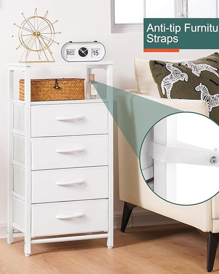 Yoobure Night Stand - LED White Nightstand with Charging Station, Bedside Table with 4 Storage Drawers and Storage Shelf, End Table with USB Ports and Outlets, Fabric Dresser for Bedroom - LeafyLoom