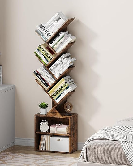 Vagusicc 6 Tier Tree Bookshelf, Modern Floor Standing Bookcase with Storage Drawer, Space Saving Storage Organizer Book Shelves for Books, Tall Wood Storage Rack for Bedroom/Living Room/Home Office - LeafyLoom