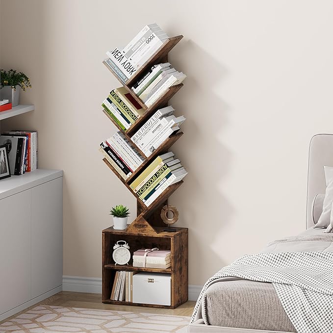Vagusicc 6 Tier Tree Bookshelf, Modern Floor Standing Bookcase with Storage Drawer, Space Saving Storage Organizer Book Shelves for Books, Tall Wood Storage Rack for Bedroom/Living Room/Home Office - LeafyLoom