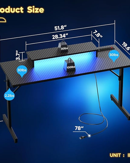 Bestier 52 inch Gaming Desk with Power Outlets and USB Charging Ports, Sturdy Computer Desk with LED Lights and Monitor Stand, Computer Table for Home Office, Easy to Assemble, Carbon Fiber Black - LeafyLoom
