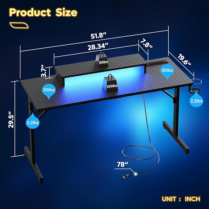 Bestier 52 inch Gaming Desk with Power Outlets and USB Charging Ports, Sturdy Computer Desk with LED Lights and Monitor Stand, Computer Table for Home Office, Easy to Assemble, Carbon Fiber Black - LeafyLoom