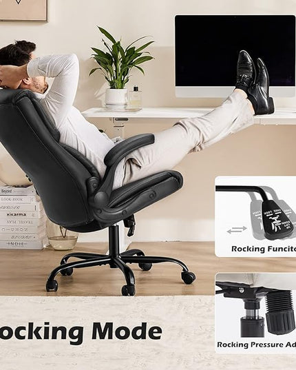 Office Chair - Ergonomic Executive Computer Desk Chairs with Adjustable Flip-up Armrest, Swivel Task Chair with Lumbar Support, Strong Metal Base, PU Leather, Black - LeafyLoom