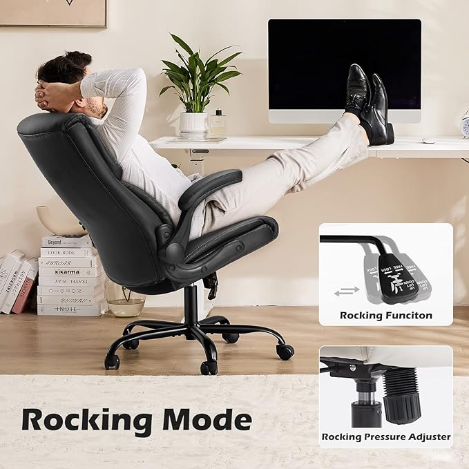Office Chair - Ergonomic Executive Computer Desk Chairs with Adjustable Flip-up Armrest, Swivel Task Chair with Lumbar Support, Strong Metal Base, PU Leather, Black - LeafyLoom