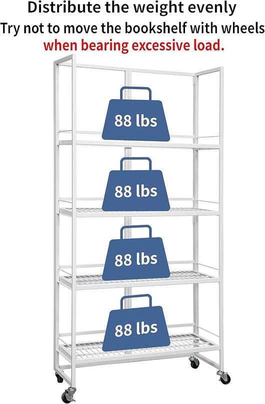 No-Assembly Folding Bookshelf Storage Rack Shelves with Castors 4 Tiers Vintage Bookcase Standing Racks Multifunctional Plant Flower Stand Study Organizer for Home Office (Wire,White) - LeafyLoom