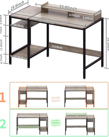 Computer Desk - 47” Gaming Desk, Home Office Desk with Storage, Small Desk with Monitor Stand, Writing Desk for 2 Monitors, Adjustable Storage Space, Modern Design Corner Table, Gray - LeafyLoom
