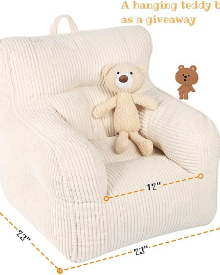 Kids Bean Bag Chair with a Plush Bear, Comfy Toddler Chair for Boys and Girls, Beige - LeafyLoom