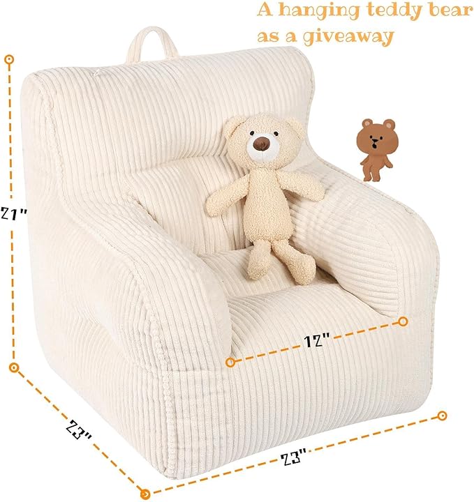 Kids Bean Bag Chair with a Plush Bear, Comfy Toddler Chair for Boys and Girls, Beige - LeafyLoom