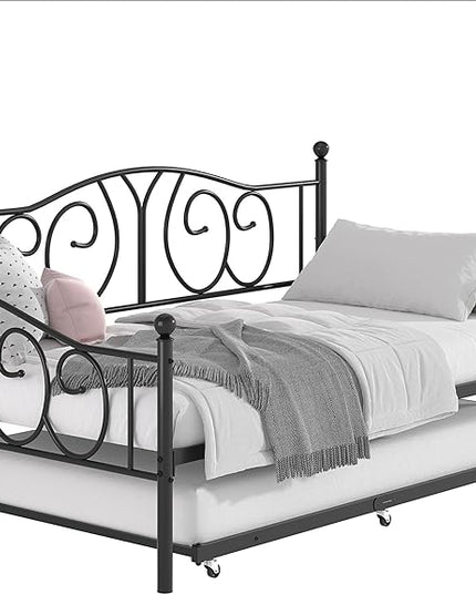 VECELO Twin Daybed with Trundle, Metal Day Bed with Classic Headboard, Multifunctional Platform Beds for Bedroom, Living Room, Guest Room, No Boxing Spring Needed, Black - LeafyLoom