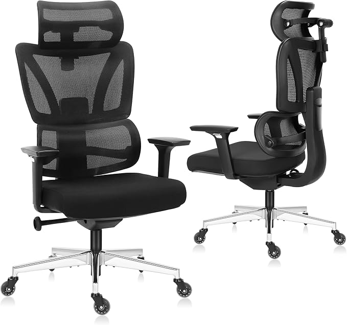 C19 Ergonomic Mesh Office Chair with Adjustable Height Lumbar Support，3D Armrest & Headrest，Tilt Function，Blade Wheel for High Back Desk Chair，Swivel Big and Tall Computer Chair (Black) - LeafyLoom