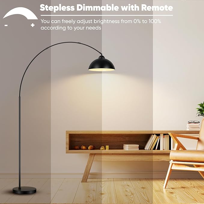 Arc Floor Lamp for Living Room with Remote, 78” Black Standing Lamp with LED Bulb, Stepless Dimmable Color Temperature & Brightness Corner Lamp, Modern Over Couch Tall Reading Light for Bedroom Office - LeafyLoom