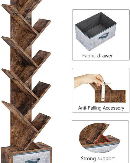 Tree Bookshelf with Drawer,Bookcase ,Bookshelves,Rack,Storage Rack,Holder,Organizer for Books,Wood Bookshelves,Book Tree,NarrowBookshelf Board Game Storage(Color:Rustic Brown), r-09 - LeafyLoom
