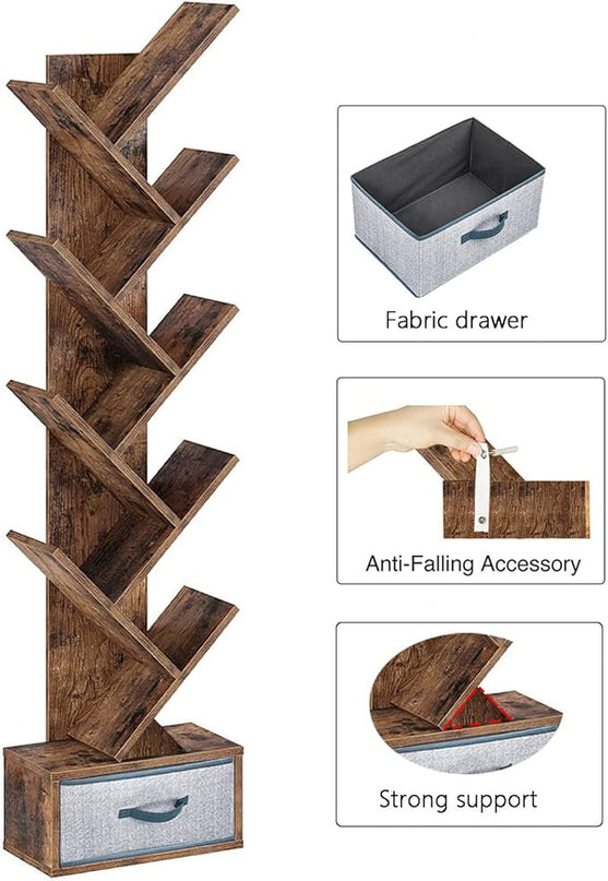 Tree Bookshelf with Drawer,Bookcase ,Bookshelves,Rack,Storage Rack,Holder,Organizer for Books,Wood Bookshelves,Book Tree,NarrowBookshelf Board Game Storage(Color:Rustic Brown), r-09 - LeafyLoom