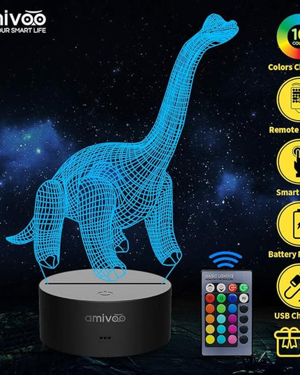 Dinosaur 3D Night Light for Kids 16 Colors Changing 3D Optical Illusion Lamp with Smart Touch & Remote Control, Best Gift for Girls Boys Kids (Dino-Brachiosaurus) - LeafyLoom