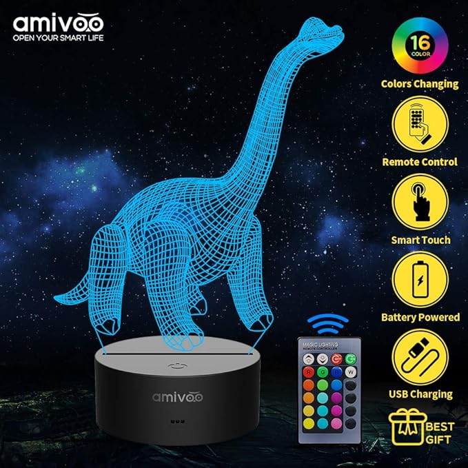 Dinosaur 3D Night Light for Kids 16 Colors Changing 3D Optical Illusion Lamp with Smart Touch & Remote Control, Best Gift for Girls Boys Kids (Dino-Brachiosaurus) - LeafyLoom