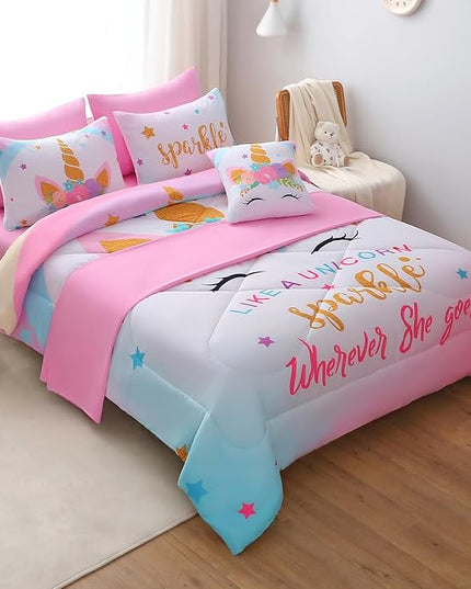JQinHome Unicorn Full Bedding Sets for Girls Kids,8 Piece Bed in A Bag 3D Colorful Flower Girl Unicorn Comforter Set with Sheet Set(Sparkle) - LeafyLoom
