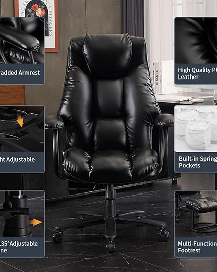 Office Chair Big and Tall, Ergonomic Office Chair 400lbs, Office Desk Chair with Ottoman, High Back Executive Office Chair, Adjustable Home Office Chair, Computer Chair PU Leather (Black) - LeafyLoom