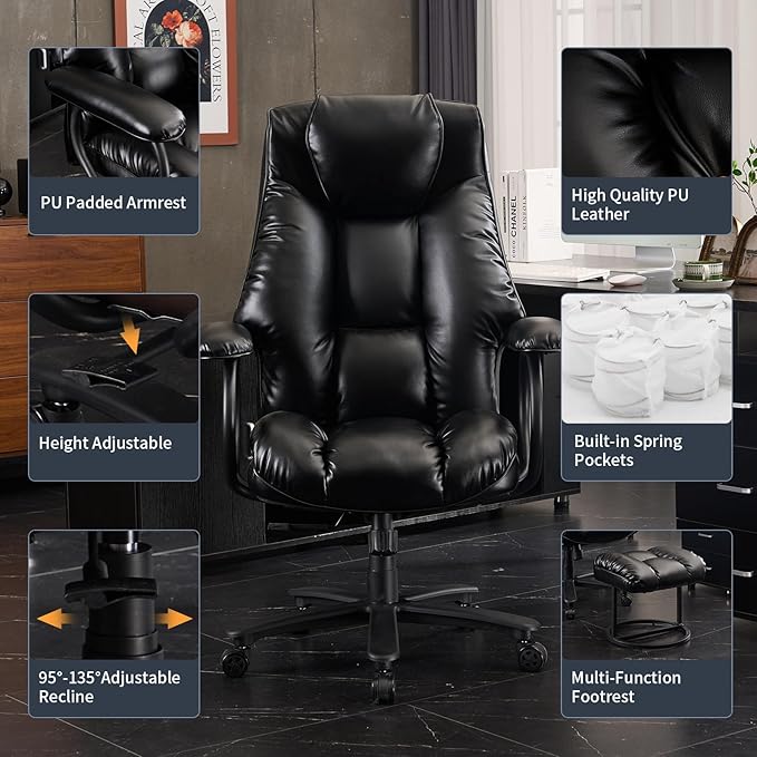 Office Chair Big and Tall, Ergonomic Office Chair 400lbs, Office Desk Chair with Ottoman, High Back Executive Office Chair, Adjustable Home Office Chair, Computer Chair PU Leather (Black) - LeafyLoom