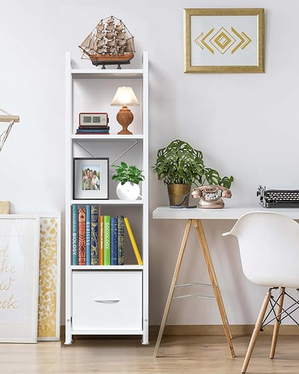 Narrow-Bookshelf-With-Storage-Drawer, 5-Tier Small Standing Book Shelf Organizer For Small Space, Tall Thin Bookcase Shelf For Bedroom Living Room Office, Wooden Shelving Unit Rack For Display - LeafyLoom