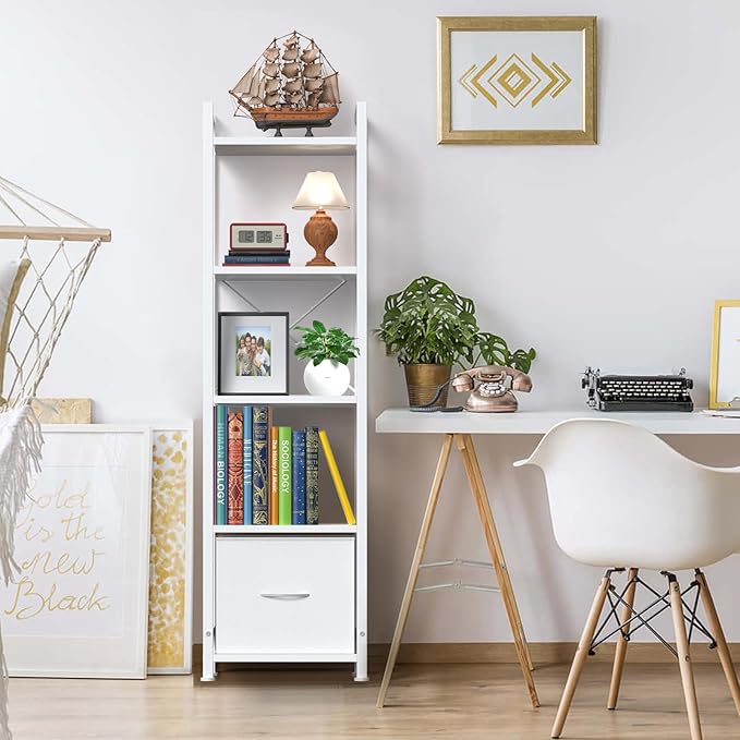 Narrow-Bookshelf-With-Storage-Drawer, 5-Tier Small Standing Book Shelf Organizer For Small Space, Tall Thin Bookcase Shelf For Bedroom Living Room Office, Wooden Shelving Unit Rack For Display - LeafyLoom