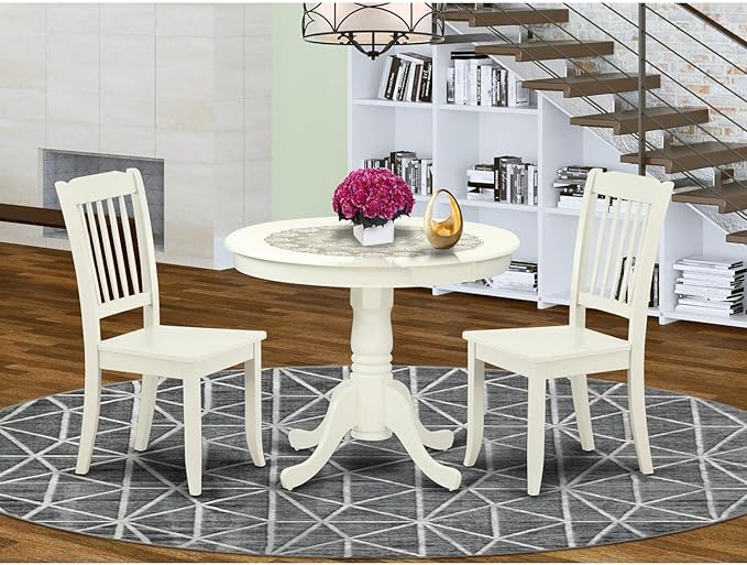 East West Furniture ANDA3-LWH-W Antique 3 Piece Set Contains a Round Kitchen Table with Pedestal and 2 Dining Room Chairs, 36x36 Inch - LeafyLoom