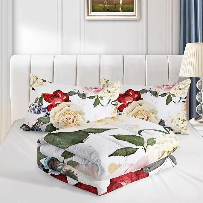 Butterfly Comforter Set for Girls Kids Adults Watercolor Butterfly Rose Bedding Set Aesthetics Butterflies Quilt Duvet Set Full Size with 1 Comforter and 2 Pillowcases - LeafyLoom