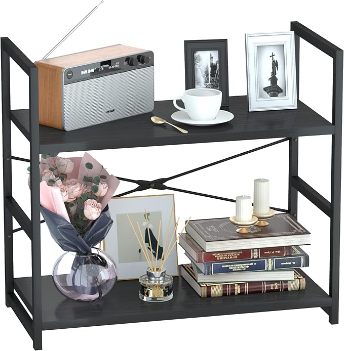 NUMENN 2 Tier Bookshelf, Bookcase Shelf Storage Organizer, Modern Book Shelf for Bedroom, Living Room and Home Office, Black - LeafyLoom