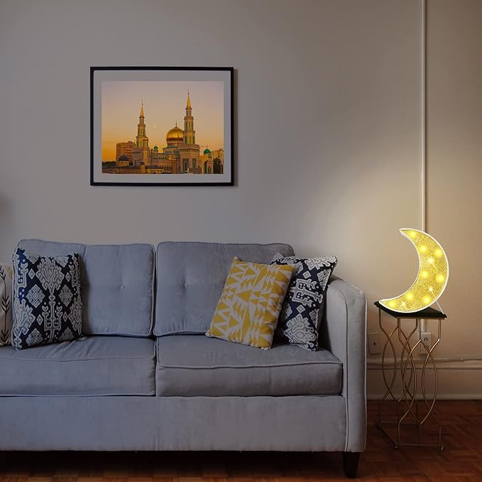 Moon Marquee Lights Decorations, Glitter LED Lighted Moon Lamp, Battery Operated Crescent Moon Night Light for Ramadan Home Table Baby Shower Party Decor, Shiny Gold Moon - LeafyLoom