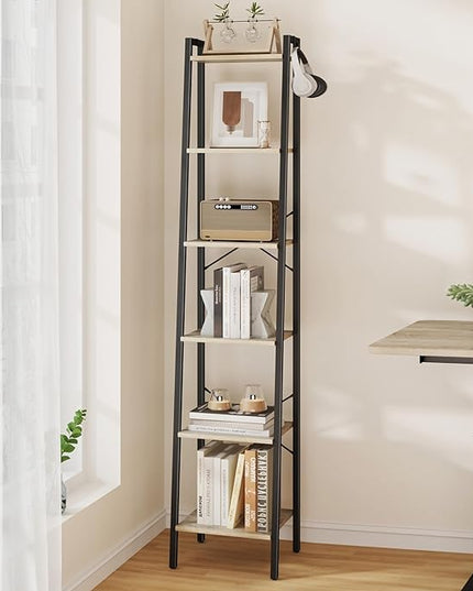 Ladder Shelf, Bookshelf Bookcase, Freestanding Corner Storage Shelve with 2 Hooks for Home Office, Living Room, Kitchen, Bedroom, Industrial, 6-Tier Greige BC13305B - LeafyLoom