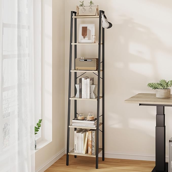 Ladder Shelf, Bookshelf Bookcase, Freestanding Corner Storage Shelve with 2 Hooks for Home Office, Living Room, Kitchen, Bedroom, Industrial, 6-Tier Greige BC13305B - LeafyLoom