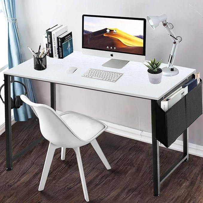 Lufeiya Computer Desk White Writing Table for Small Spaces Home Office 39 Inch Modern Study PC Des,with Storage Bag Hook (White Black) - LeafyLoom