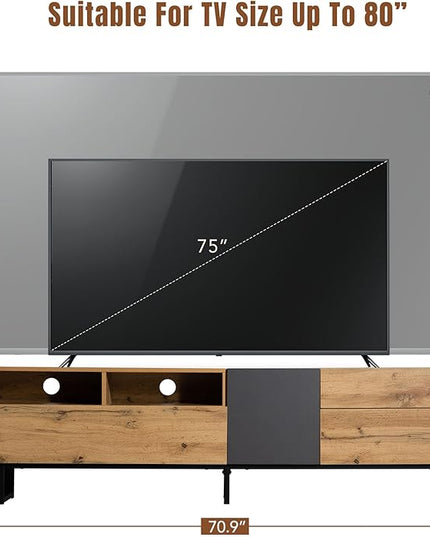 71 Inch TV Stand with Double Storage Space for TVs up to 80'', Modern TV Console with Drop Down Door, Entertainment Center for Living Room, Bedroom and Home Theatre, Wood+Black - LeafyLoom