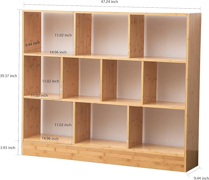 Maydear 47.24” Bamboo Bookshelf, 3 Tier Open Shelf Bookcases 10-Cube Bookshelf with Base, Freestanding Book Storage Organizer Display Shelf for Bedroom, Living Room, Home Office - LeafyLoom