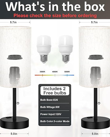 Plus Bedside Table Lamps Set of 2 - 3 Color Temperatures Pull Chain Lamp with AC Outlet Charging Port, Two Round Night Stand Lamps for Bedroom Guest Room Office, Bed Side Light with E26 LED Bulbs - LeafyLoom