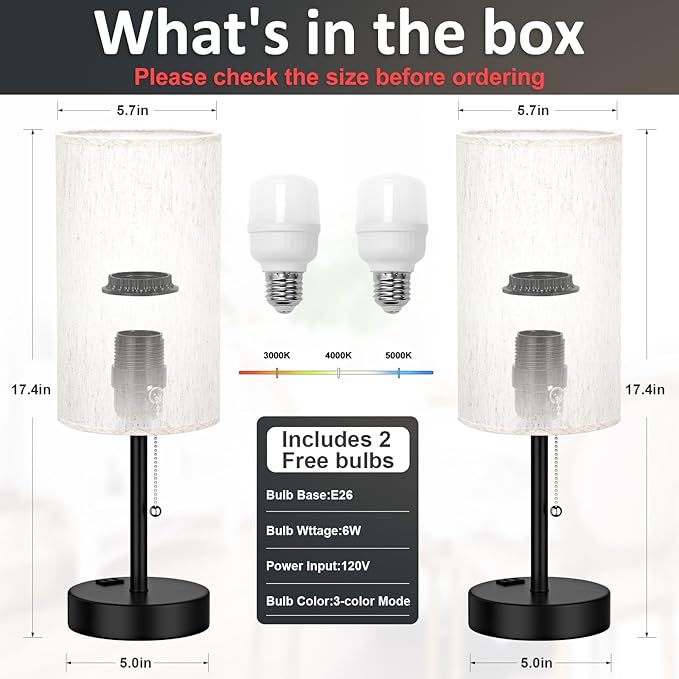 Plus Bedside Table Lamps Set of 2 - 3 Color Temperatures Pull Chain Lamp with AC Outlet Charging Port, Two Round Night Stand Lamps for Bedroom Guest Room Office, Bed Side Light with E26 LED Bulbs - LeafyLoom