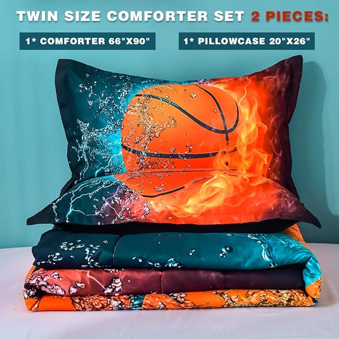 Andency Basketball Comforter Twin(66x90 Inch), 2 Pieces(1 Basketball Comforter, 1 Pillowcase) Sport Microfiber Basketball Comforter Set Bedding Set for Kids Boys Teens - LeafyLoom