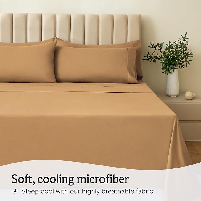 LuxClub 6 PC Full Sheet Set, Breathable Luxury Bed Sheets, Deep Pockets 18" Eco Friendly Wrinkle Free Cooling Bed Sheets Machine Washable Hotel Bedding Silky Soft - Gold Full - LeafyLoom