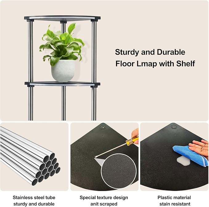 RGB Floor Lamp with Shelves Tall Lamp with Wireless Charger & USB Port Ambiance Lighting with Music Sync Dimmable and Timing Standing Lamp for Bedroom 4 Tier Black - LeafyLoom
