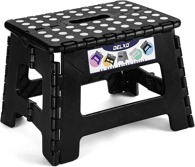 Delxo 9 Inch Folding Step Stool in Black,1 Pack Premium Heavy Duty Foldable Stool for Kids,Portable Collapsible Plastic Step Stool,Non Slip Folding Stools for Kitchen Bathroom Bedroom - LeafyLoom