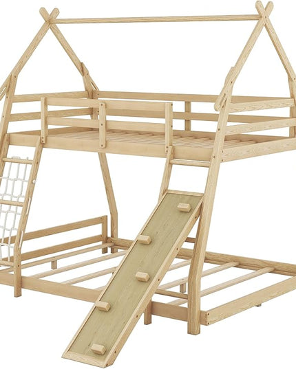 Twin Over Queen House Shape Bunk Bed, Wooden Bunk Beds House Bed with Climb Nets and Climbing Ramp for Kids Boys Girls Bedroom, No Box Spring Needed, Natural - LeafyLoom