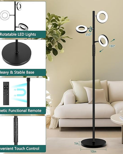 Floor Lamp, Modern Dimmable Standing Floor Lamp with Remote & Touch Control, 2700K-6500K, 3 Rotatable LED Floor Lamps for Living Room, Tall Floor Lamp for Bedroom, Office - LeafyLoom