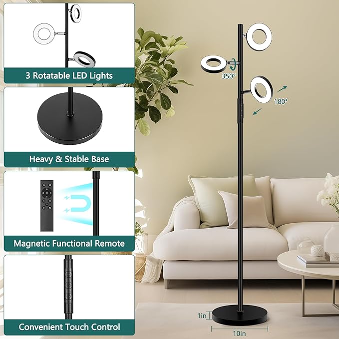Floor Lamp, Modern Dimmable Standing Floor Lamp with Remote & Touch Control, 2700K-6500K, 3 Rotatable LED Floor Lamps for Living Room, Tall Floor Lamp for Bedroom, Office - LeafyLoom