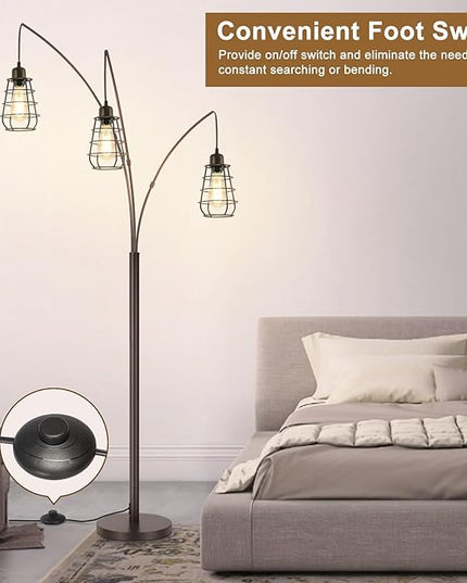 Industrial Floor Lamp, 3 Light Arc Floor Lamps for Living Room, 76 Inch Tall Standing Lamp with Metal Cage Shades & Foot Switch, Vintage Floor Lamp for Bedroom, Office, Corner, Bronze - LeafyLoom