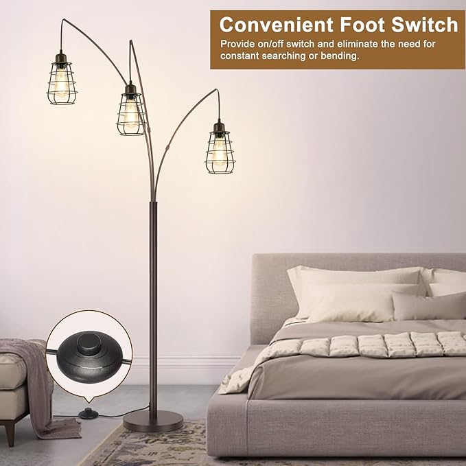 Industrial Floor Lamp, 3 Light Arc Floor Lamps for Living Room, 76 Inch Tall Standing Lamp with Metal Cage Shades & Foot Switch, Vintage Floor Lamp for Bedroom, Office, Corner, Bronze - LeafyLoom