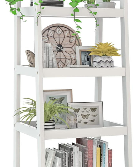 4 Tier Bamboo Bookshelf, Free Standing Ladder Shelf, Storage Shelf Rack for Bathroom, Kitchen, Living Room - White - LeafyLoom