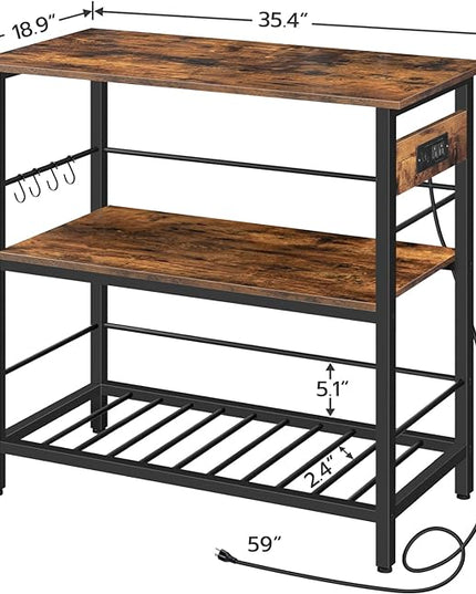 HOOBRO Kitchen Island with Storage, Kitchen Island Table with Power Outlet, 3 Tier Coffee Station and Microwave Stand, for Home, Kitchen and Dining Room, Rustic Brown and Black BF021ZD01 - LeafyLoom