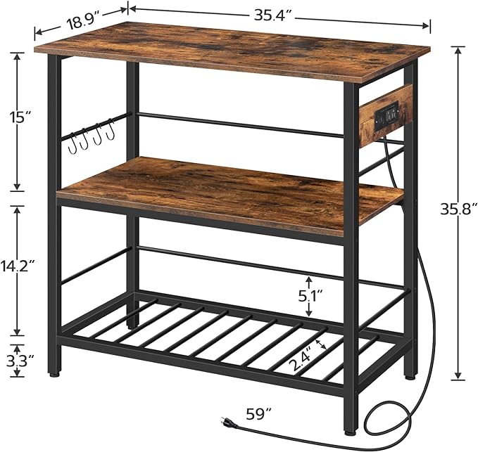 HOOBRO Kitchen Island with Storage, Kitchen Island Table with Power Outlet, 3 Tier Coffee Station and Microwave Stand, for Home, Kitchen and Dining Room, Rustic Brown and Black BF021ZD01 - LeafyLoom