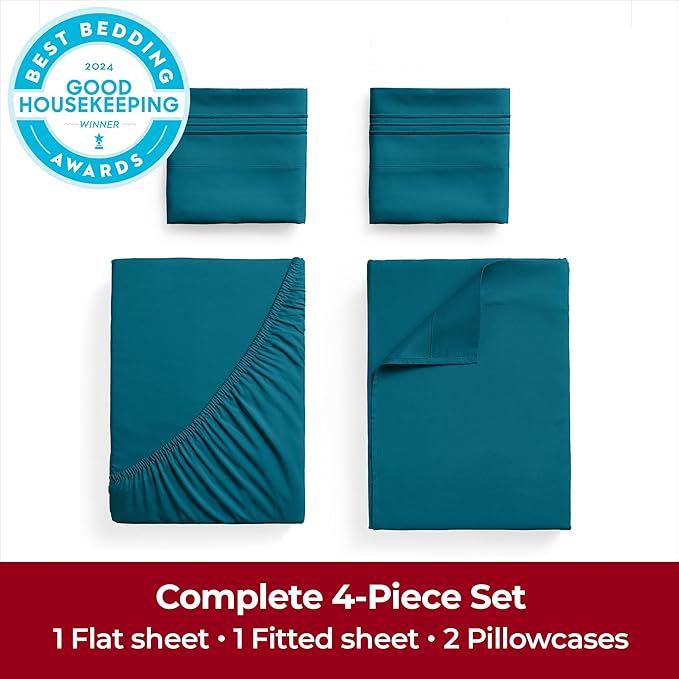 Mellanni Full Sheets Set - 4 PC Iconic Collection Bedding Sheets & Pillowcases - Hotel Luxury, Extra Soft, Cooling Bed Sheets - Deep Pocket up to 16 inch (Full, Teal) - LeafyLoom
