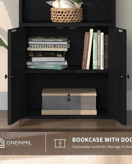 oneinmil 6 Tier Bookcase Set of 2,Wooden Bookshelves with Cabinet Doors, Floor Bookshelf and Office Storage Cabinets for Living Room,Black - LeafyLoom