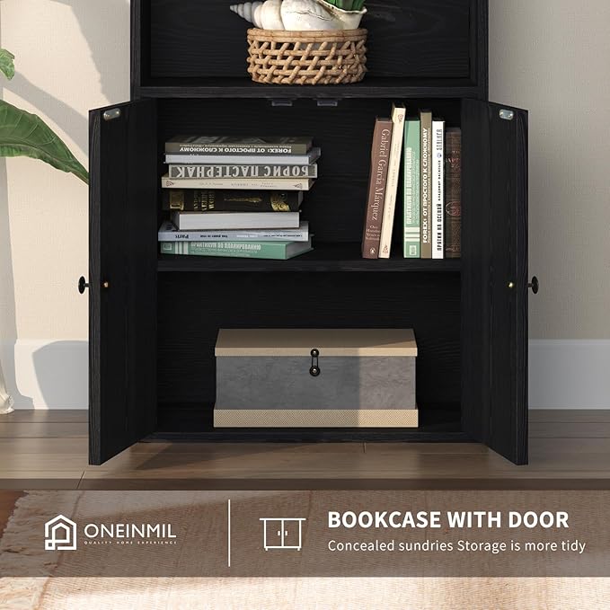 oneinmil 6 Tier Bookcase Set of 2,Wooden Bookshelves with Cabinet Doors, Floor Bookshelf and Office Storage Cabinets for Living Room,Black - LeafyLoom