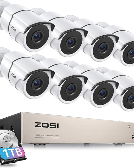 ZOSI 3K Lite Home Security Camera System with Audio,AI Human/Vehicle Detection,Night Vision,8 Channel H.265+ CCTV DVR with 1TB HDD,8pcs 1920TVL Indoor Outdoor Surveillance Cameras,for 24/7 Recording ZOSI